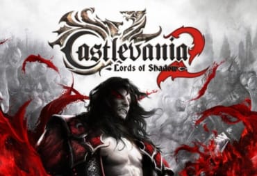 Castlevania 2 Lords of Shadow artwork showing a bare-chested man standing in an abstract swirl of blood-red smoke. 
