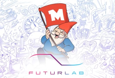 A gnome waving a Miniclip flag with the FuturLab logo beneath him