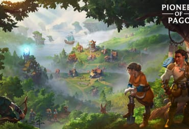 Key art for Pioneers of Pagonia, which shows two explorers looking out over a small town