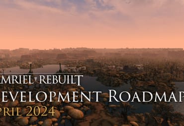 A Morrowind landscape with the text "Tamriel Rebuilt Development Roadmap 2024" in front of it